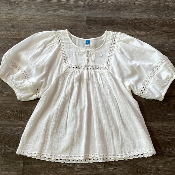 Old Navy White Gauze Notched Neck Balloon Puff Sleeve Short Top Size Small - Picture 12 of 12